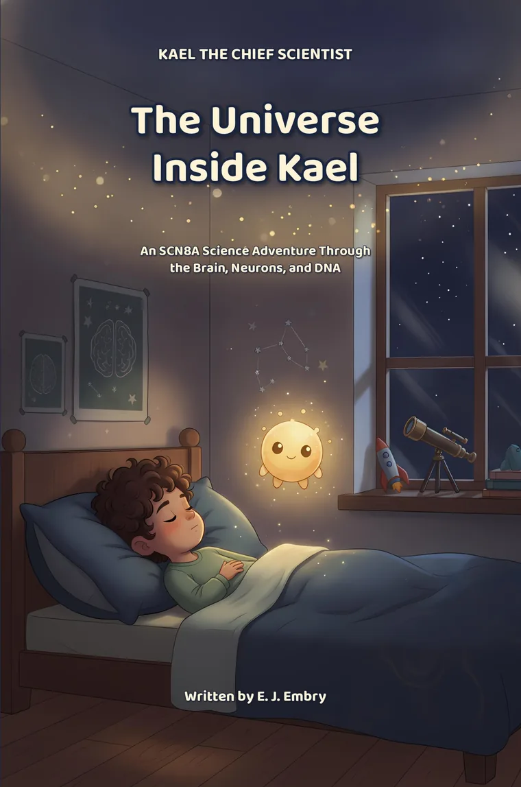 Cover of The Universe Inside Kael: Kael asleep in his bedroom beside a glowing spark, a telescope, and a starry window.