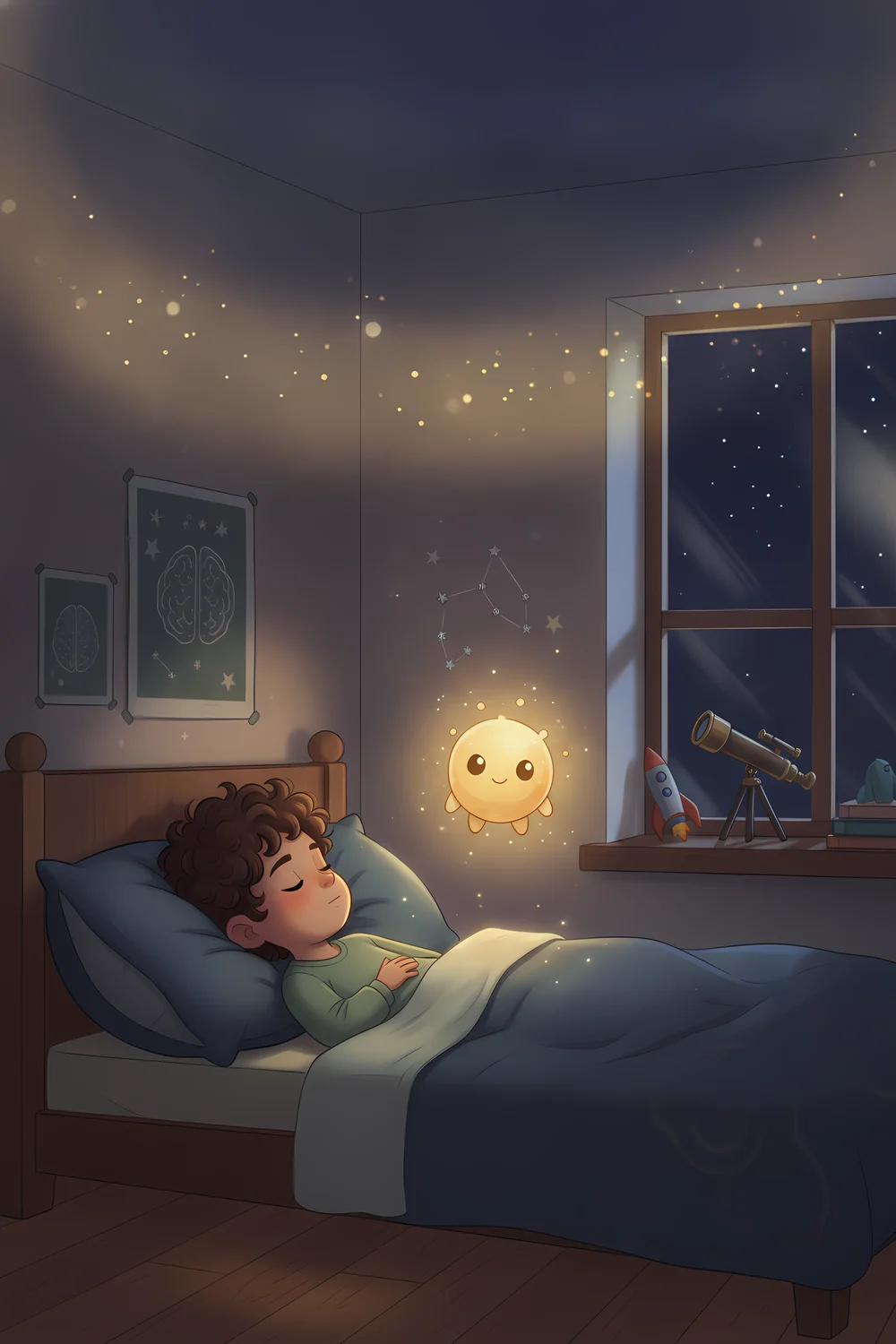 Kael asleep in his bedroom beside a glowing spark, a telescope, and a starry window.