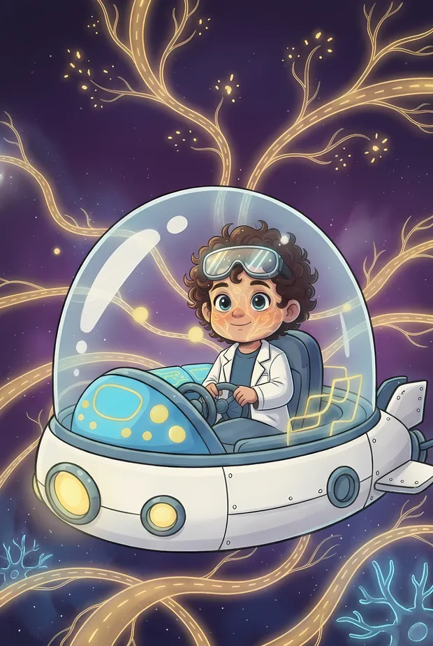 Kael pilots the Sub-Brain-Marine along glowing golden neuron highways.