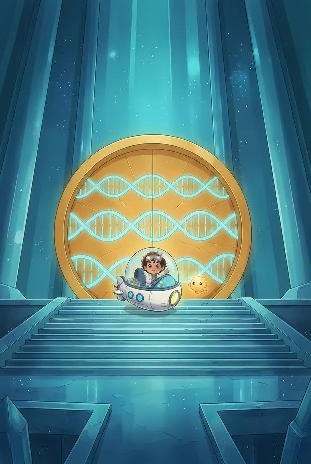 A great golden disc engraved with a DNA helix, deep in the vault.