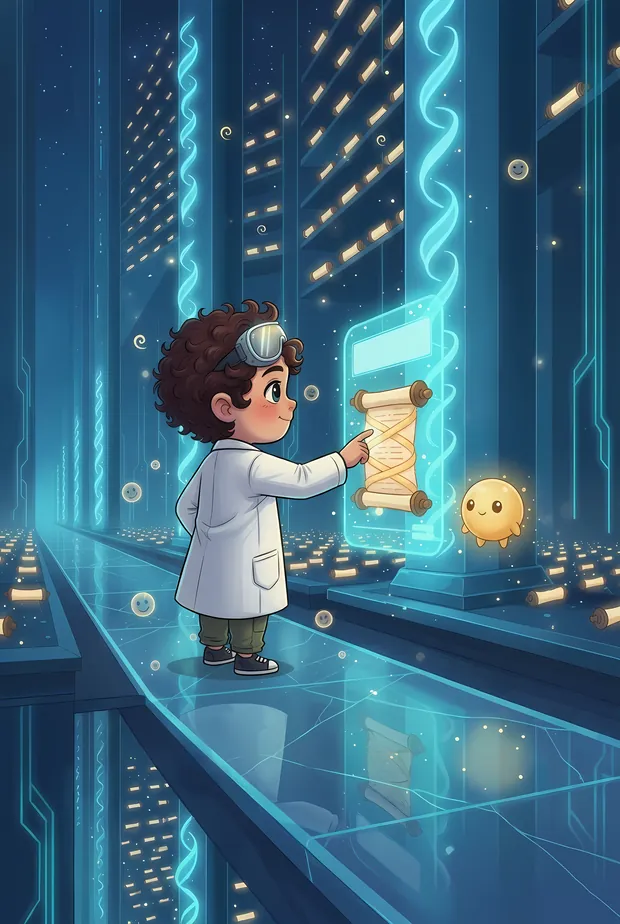 Kael and Ion in the DNA archive, reaching for a glowing scroll of DNA.